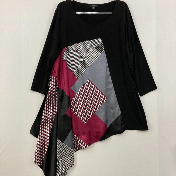 Alfani size 3X Black Multi Abstract Artsy Asymmetric Stretch Knit Top - Picture 3 of 11